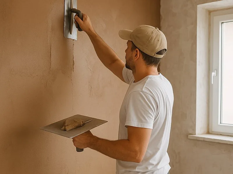 A plasterer skimming a wall in a Woolwich flat